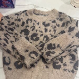 SO Women's Fuzzy Animal Print Sweater - Tan and Black